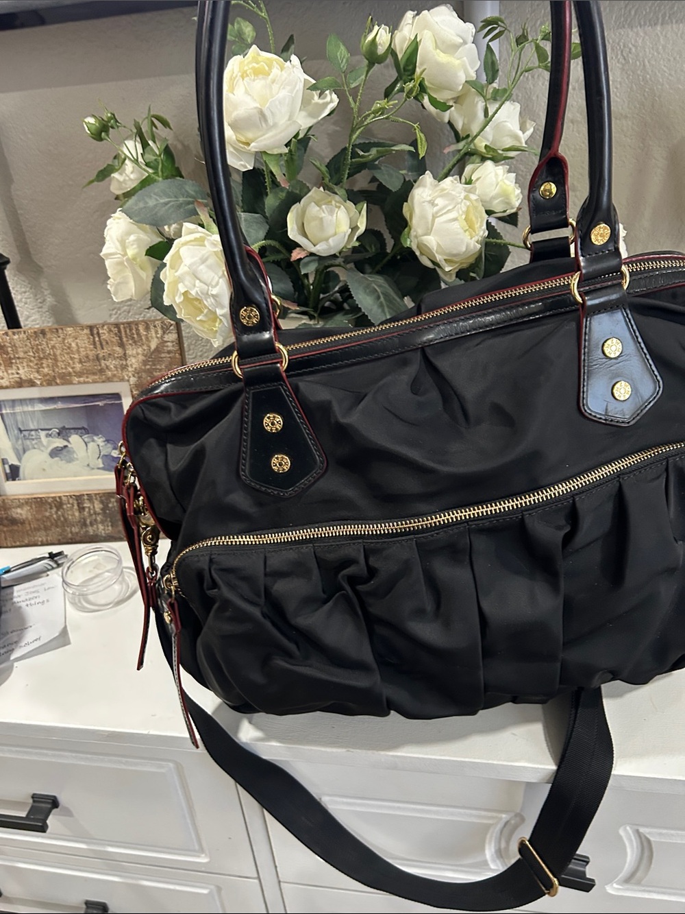 MZ Wallace Black Women’s Gathered Nylon laptop Tote Bag with Gold Hardware - Picture 4 of 11